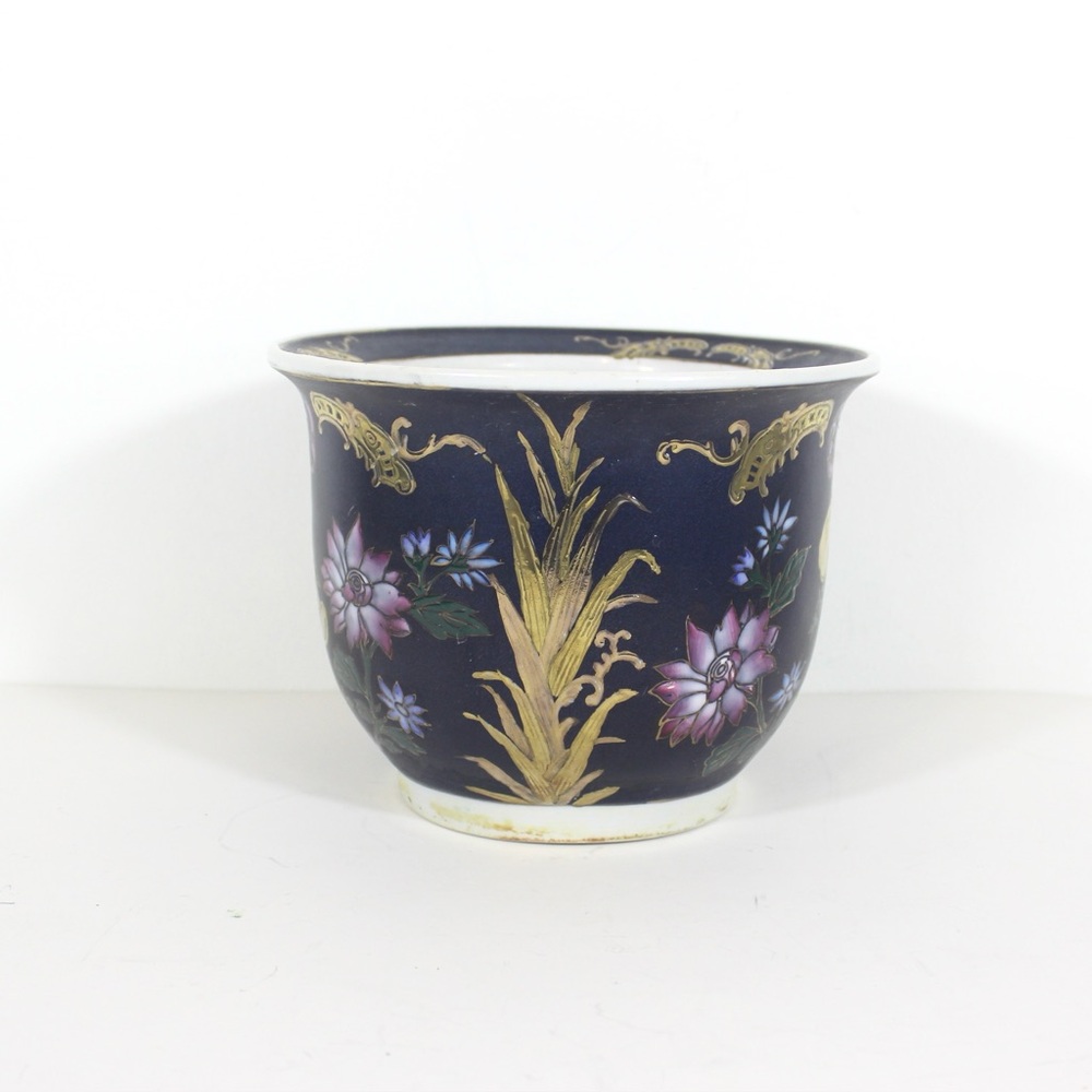 Hand Painted Black and Floral Chinese Planter with Gold Details Medium Sized